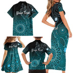 Personalised Ovarian Cancer Awareness Family Matching Short Sleeve Bodycon Dress and Hawaiian Shirt Teal Ribbon Aboriginal Art