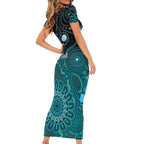 Personalised Ovarian Cancer Awareness Family Matching Short Sleeve Bodycon Dress and Hawaiian Shirt Teal Ribbon Aboriginal Art