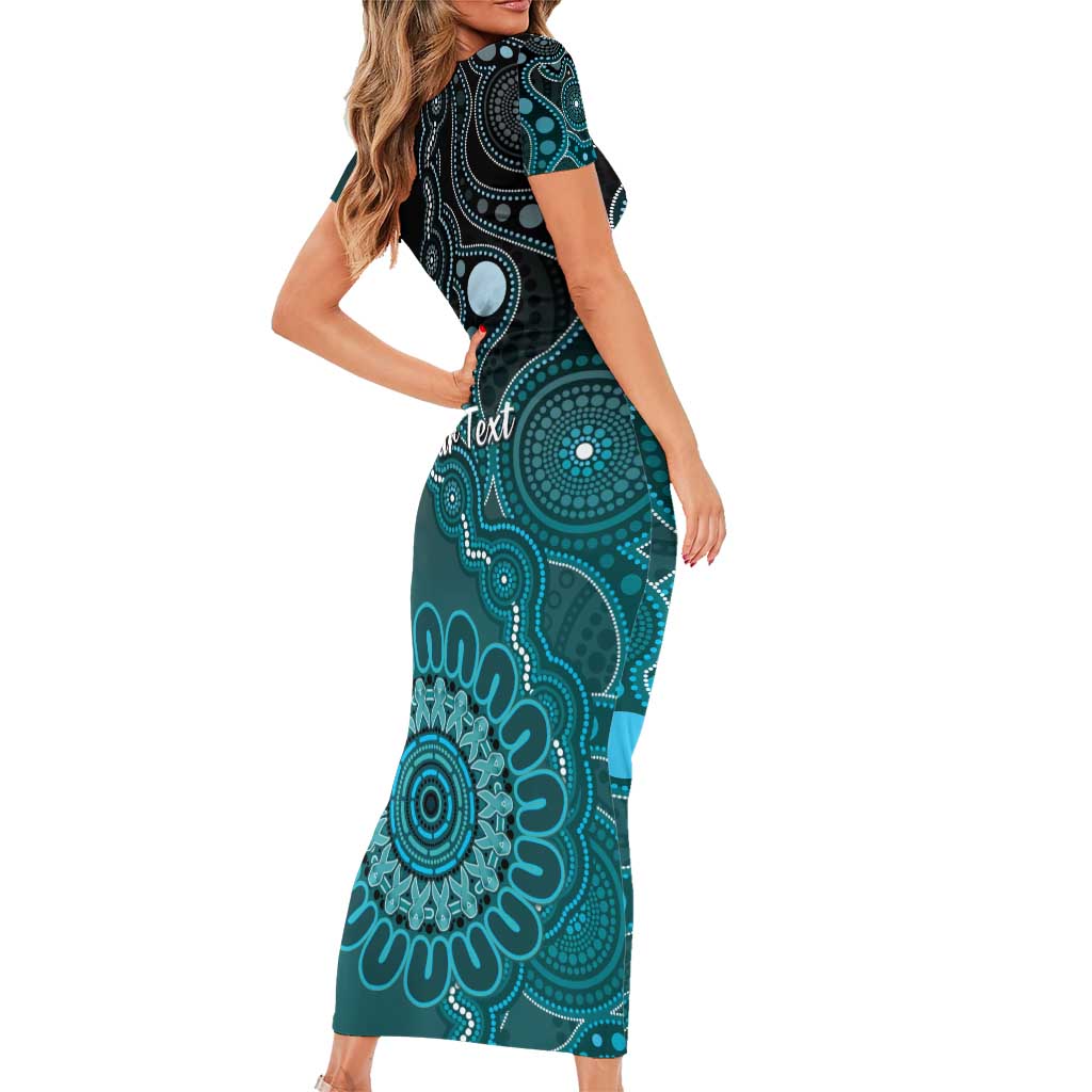 Personalised Ovarian Cancer Awareness Family Matching Short Sleeve Bodycon Dress and Hawaiian Shirt Teal Ribbon Aboriginal Art