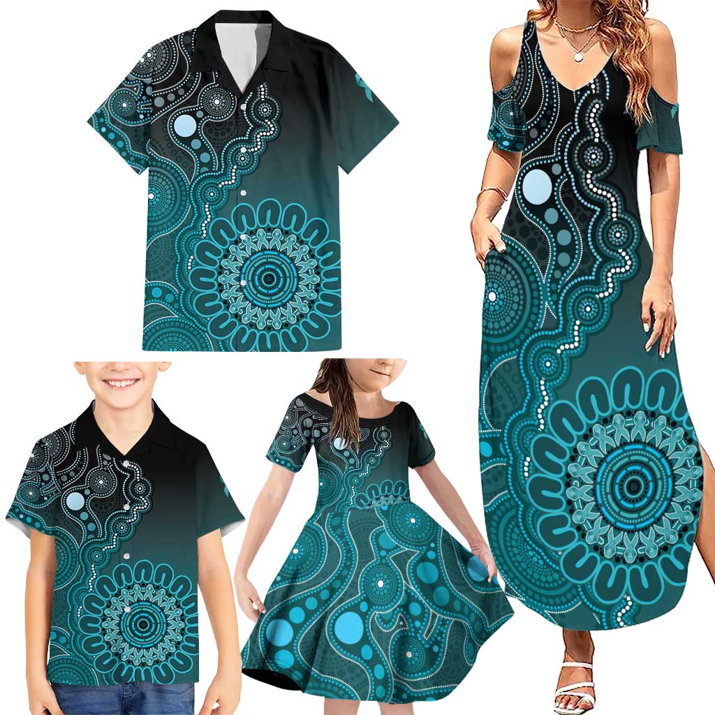 Personalised Ovarian Cancer Awareness Family Matching Summer Maxi Dress and Hawaiian Shirt Teal Ribbon Aboriginal Art
