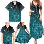 Personalised Ovarian Cancer Awareness Family Matching Summer Maxi Dress and Hawaiian Shirt Teal Ribbon Aboriginal Art