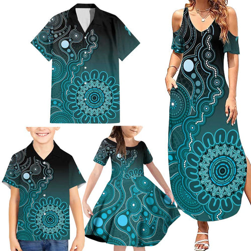 Personalised Ovarian Cancer Awareness Family Matching Summer Maxi Dress and Hawaiian Shirt Teal Ribbon Aboriginal Art