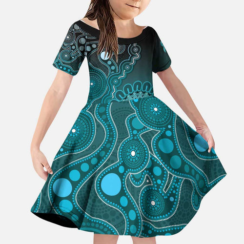 Personalised Ovarian Cancer Awareness Family Matching Summer Maxi Dress and Hawaiian Shirt Teal Ribbon Aboriginal Art