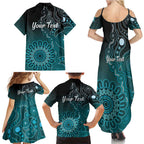 Personalised Ovarian Cancer Awareness Family Matching Summer Maxi Dress and Hawaiian Shirt Teal Ribbon Aboriginal Art