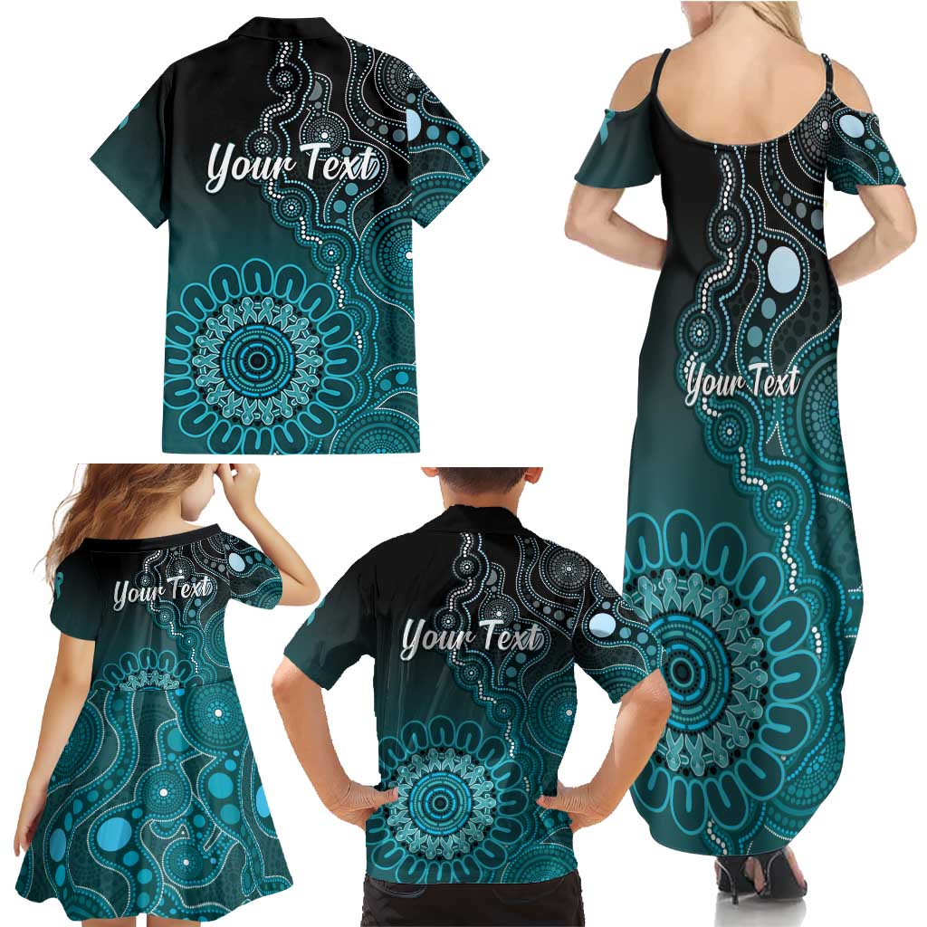 Personalised Ovarian Cancer Awareness Family Matching Summer Maxi Dress and Hawaiian Shirt Teal Ribbon Aboriginal Art