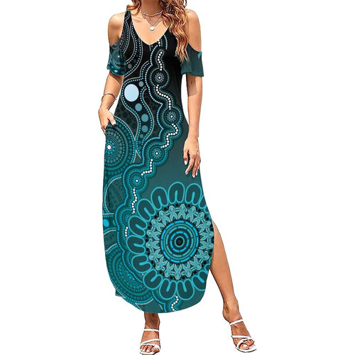 Personalised Ovarian Cancer Awareness Family Matching Summer Maxi Dress and Hawaiian Shirt Teal Ribbon Aboriginal Art