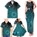 Personalised Ovarian Cancer Awareness Family Matching Tank Maxi Dress and Hawaiian Shirt Teal Ribbon Aboriginal Art