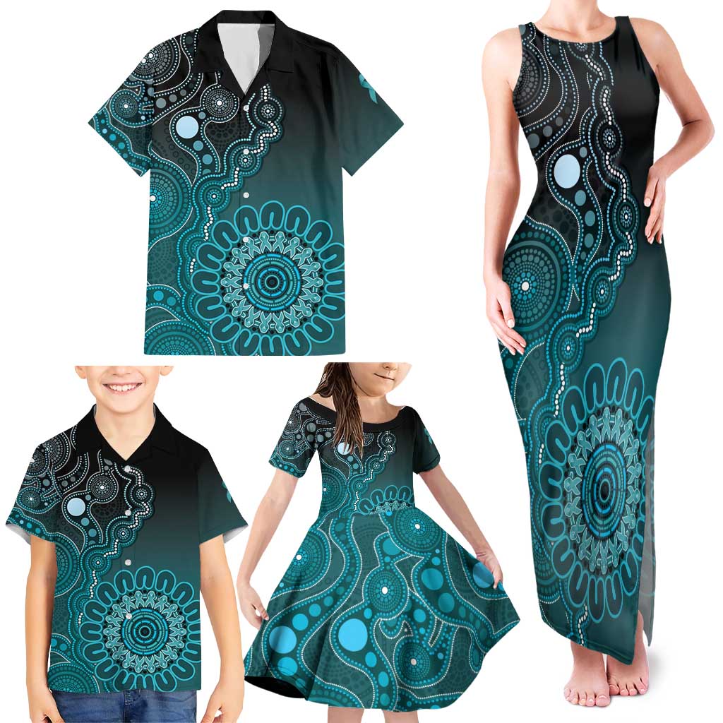 Personalised Ovarian Cancer Awareness Family Matching Tank Maxi Dress and Hawaiian Shirt Teal Ribbon Aboriginal Art