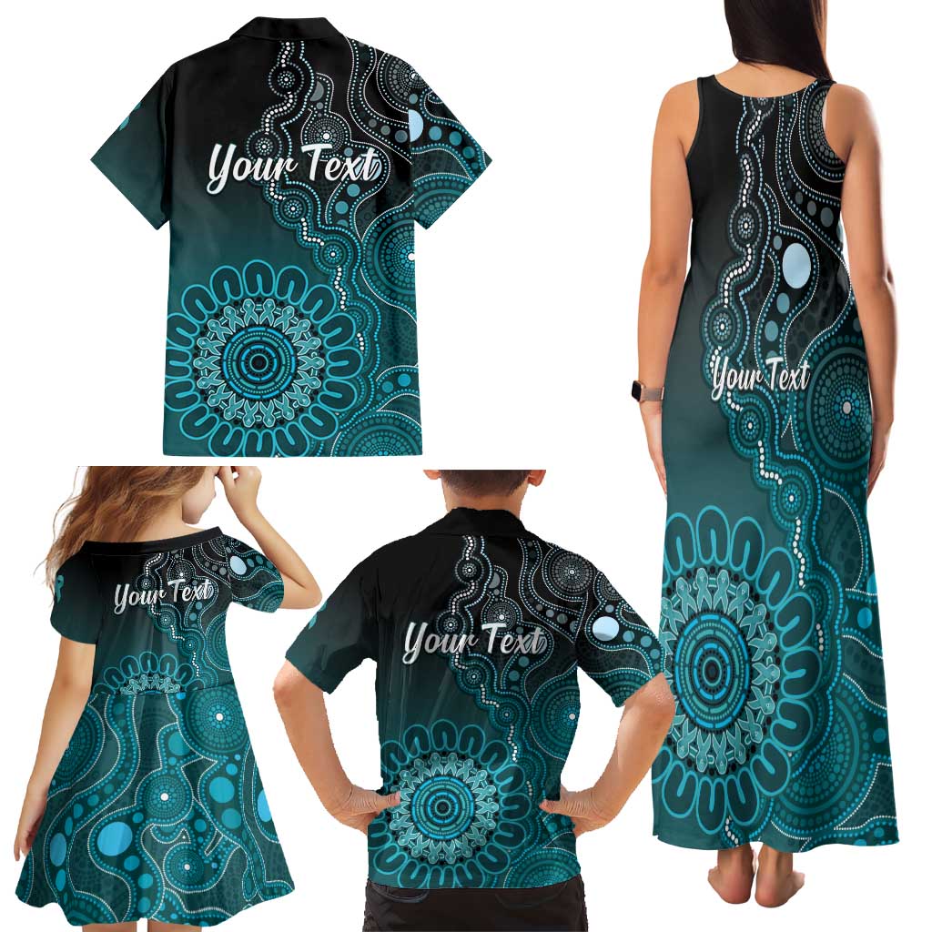 Personalised Ovarian Cancer Awareness Family Matching Tank Maxi Dress and Hawaiian Shirt Teal Ribbon Aboriginal Art