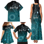Personalised Ovarian Cancer Awareness Family Matching Tank Maxi Dress and Hawaiian Shirt Teal Ribbon Aboriginal Art
