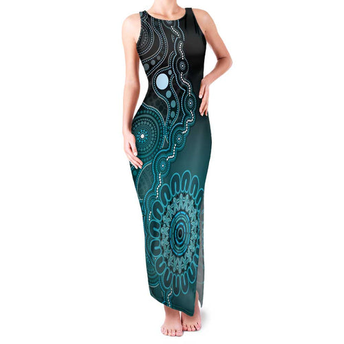 Personalised Ovarian Cancer Awareness Family Matching Tank Maxi Dress and Hawaiian Shirt Teal Ribbon Aboriginal Art
