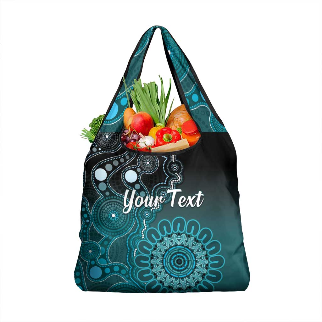 Personalised Ovarian Cancer Awareness Grocery Bag Teal Ribbon Aboriginal Art