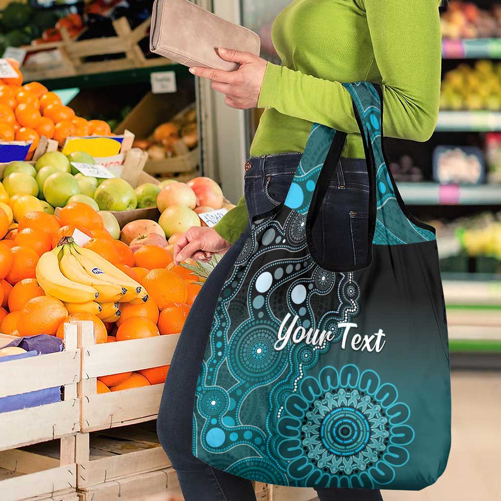 Personalised Ovarian Cancer Awareness Grocery Bag Teal Ribbon Aboriginal Art