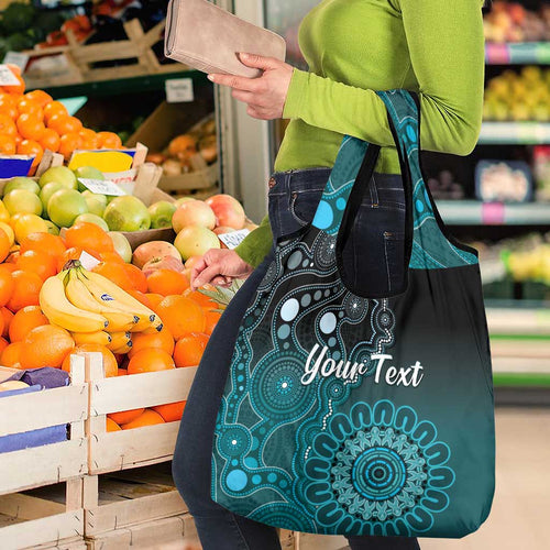 Personalised Ovarian Cancer Awareness Grocery Bag Teal Ribbon Aboriginal Art