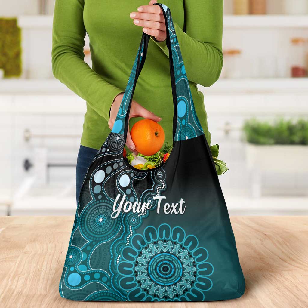 Personalised Ovarian Cancer Awareness Grocery Bag Teal Ribbon Aboriginal Art