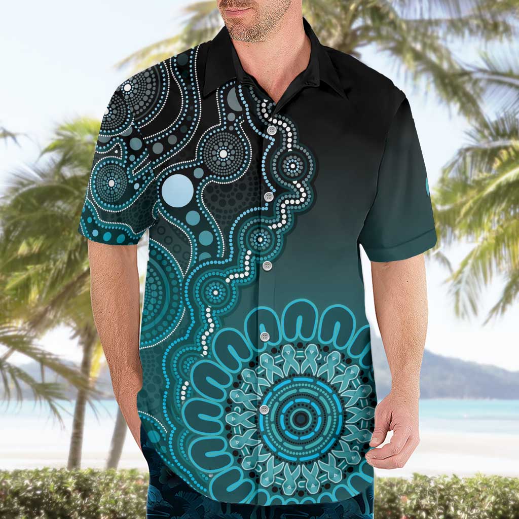 Personalised Ovarian Cancer Awareness Hawaiian Shirt Teal Ribbon Aboriginal Art