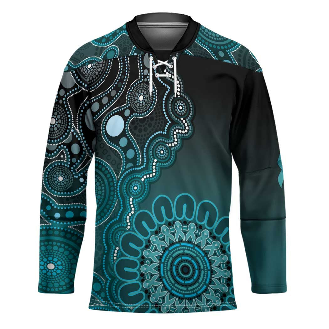 Personalised Ovarian Cancer Awareness Hockey Jersey Teal Ribbon Aboriginal Art