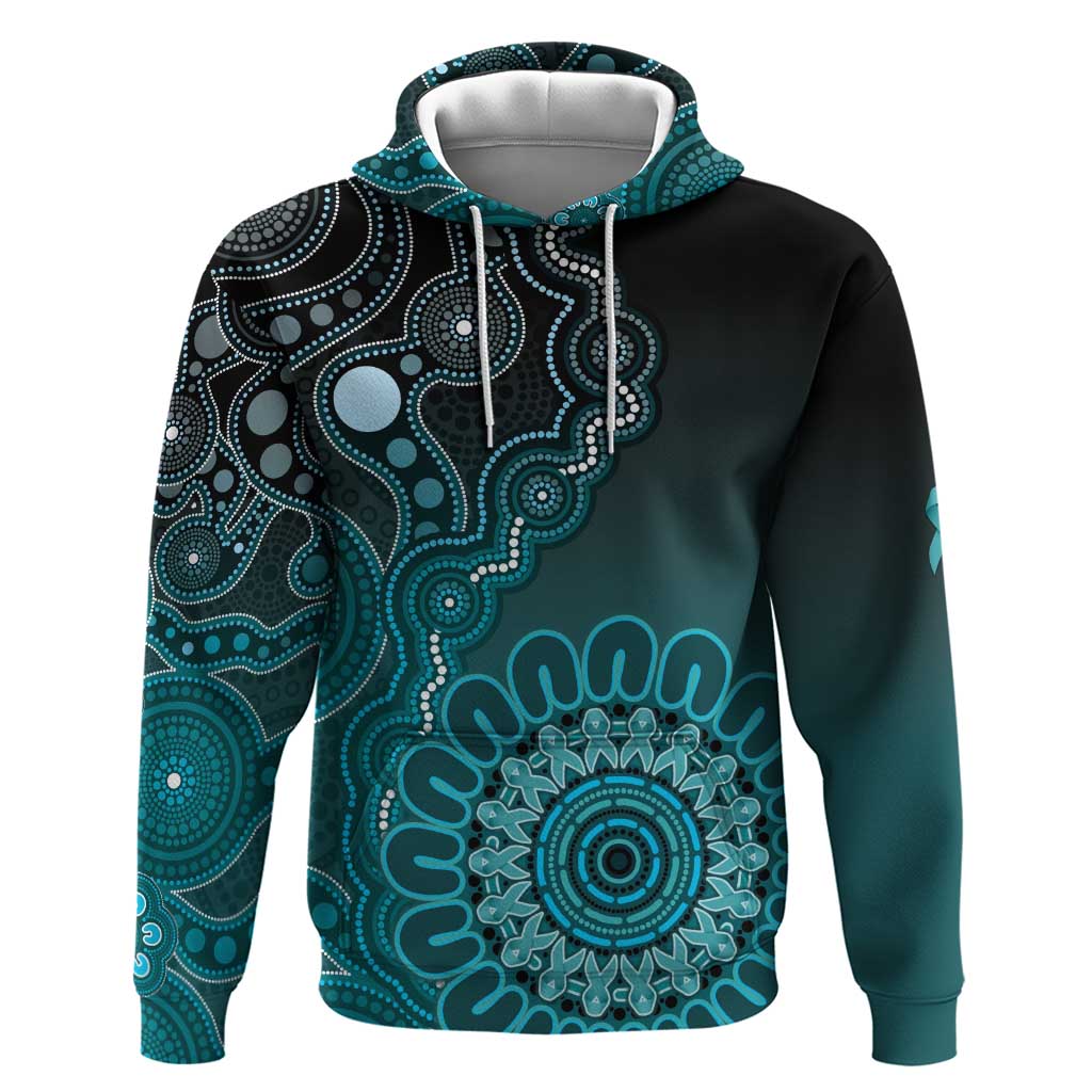 Personalised Ovarian Cancer Awareness Hoodie Teal Ribbon Aboriginal Art