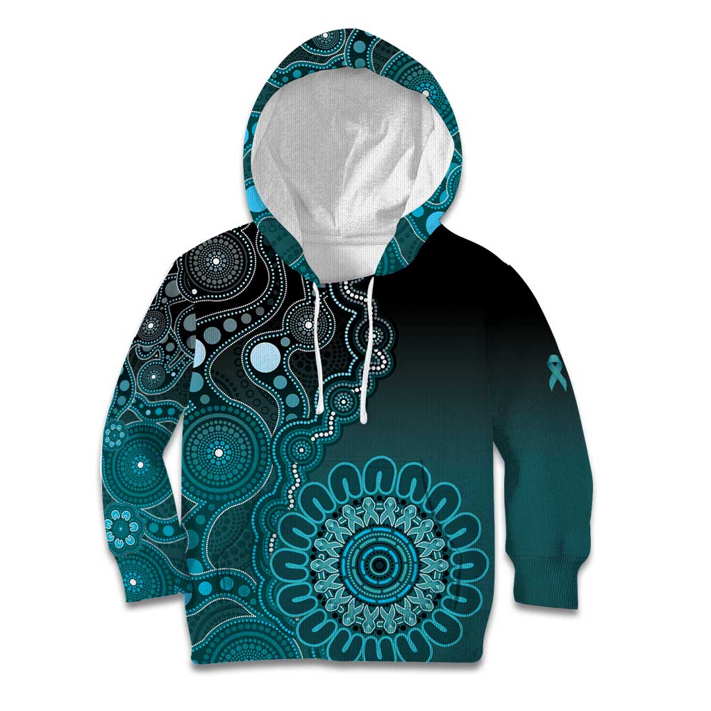 Personalised Ovarian Cancer Awareness Kid Hoodie Teal Ribbon Aboriginal Art