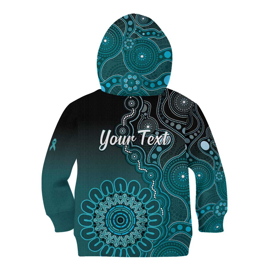 Personalised Ovarian Cancer Awareness Kid Hoodie Teal Ribbon Aboriginal Art
