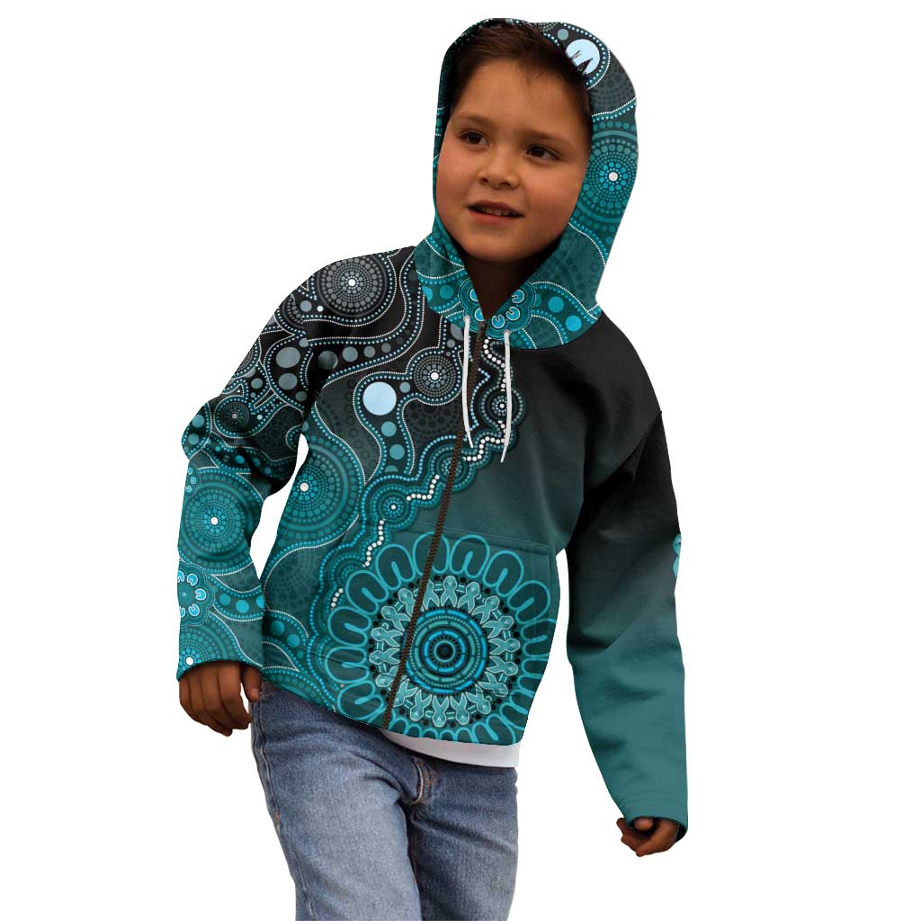 Personalised Ovarian Cancer Awareness Kid Hoodie Teal Ribbon Aboriginal Art