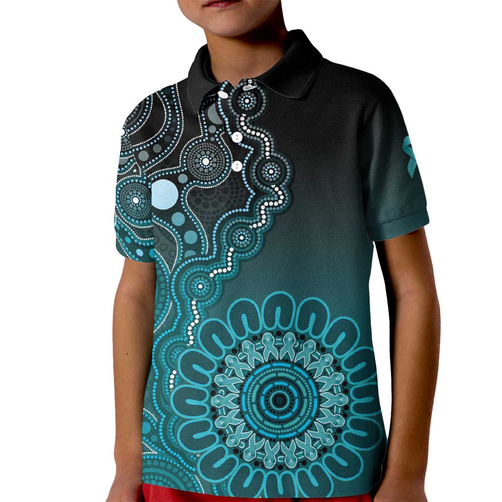 Personalised Ovarian Cancer Awareness Kid Polo Shirt Teal Ribbon Aboriginal Art