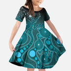 Personalised Ovarian Cancer Awareness Kid Short Sleeve Dress Teal Ribbon Aboriginal Art
