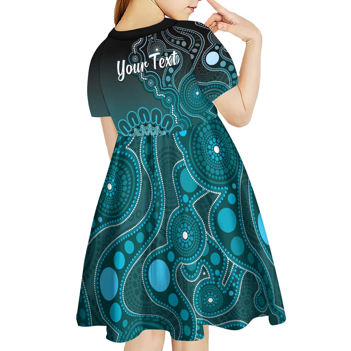 Personalised Ovarian Cancer Awareness Kid Short Sleeve Dress Teal Ribbon Aboriginal Art