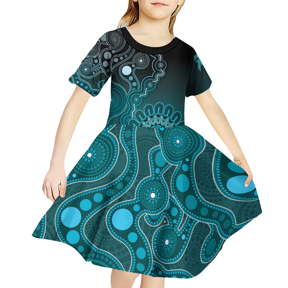 Personalised Ovarian Cancer Awareness Kid Short Sleeve Dress Teal Ribbon Aboriginal Art