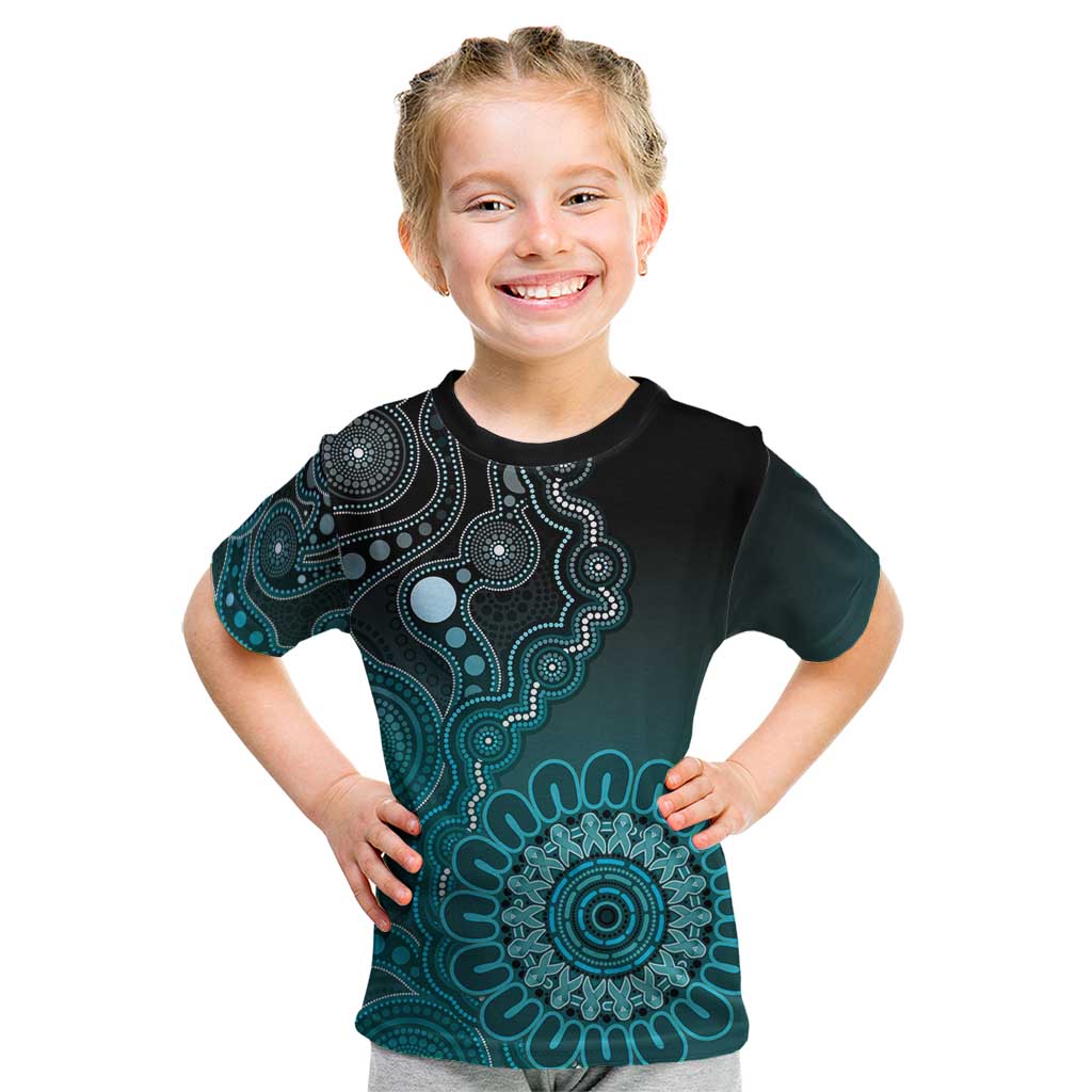 Personalised Ovarian Cancer Awareness Kid T Shirt Teal Ribbon Aboriginal Art