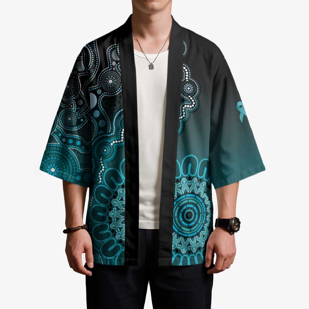 Personalised Ovarian Cancer Awareness Kimono Teal Ribbon Aboriginal Art
