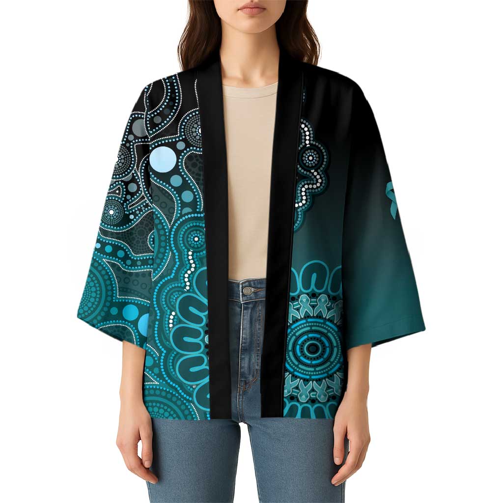 Personalised Ovarian Cancer Awareness Kimono Teal Ribbon Aboriginal Art