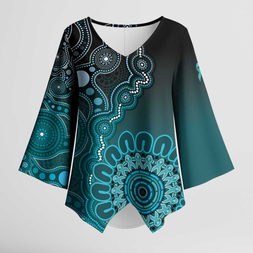Personalised Ovarian Cancer Awareness Kimono Sleeve Blouse Teal Ribbon Aboriginal Art