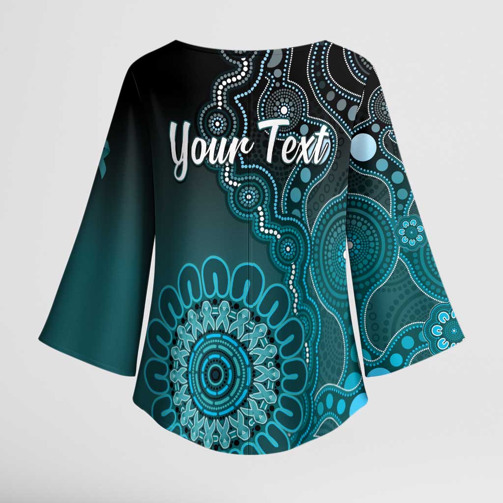 Personalised Ovarian Cancer Awareness Kimono Sleeve Blouse Teal Ribbon Aboriginal Art