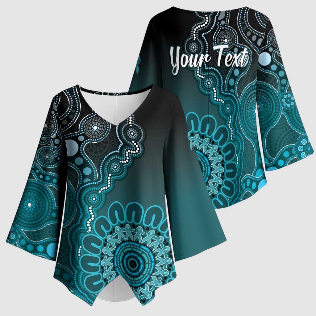 Personalised Ovarian Cancer Awareness Kimono Sleeve Blouse Teal Ribbon Aboriginal Art