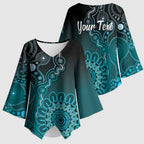 Personalised Ovarian Cancer Awareness Kimono Sleeve Blouse Teal Ribbon Aboriginal Art