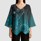 Personalised Ovarian Cancer Awareness Kimono Sleeve Blouse Teal Ribbon Aboriginal Art
