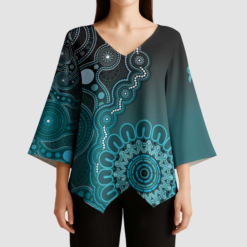 Personalised Ovarian Cancer Awareness Kimono Sleeve Blouse Teal Ribbon Aboriginal Art