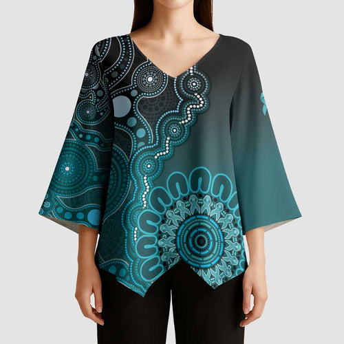 Personalised Ovarian Cancer Awareness Kimono Sleeve Blouse Teal Ribbon Aboriginal Art
