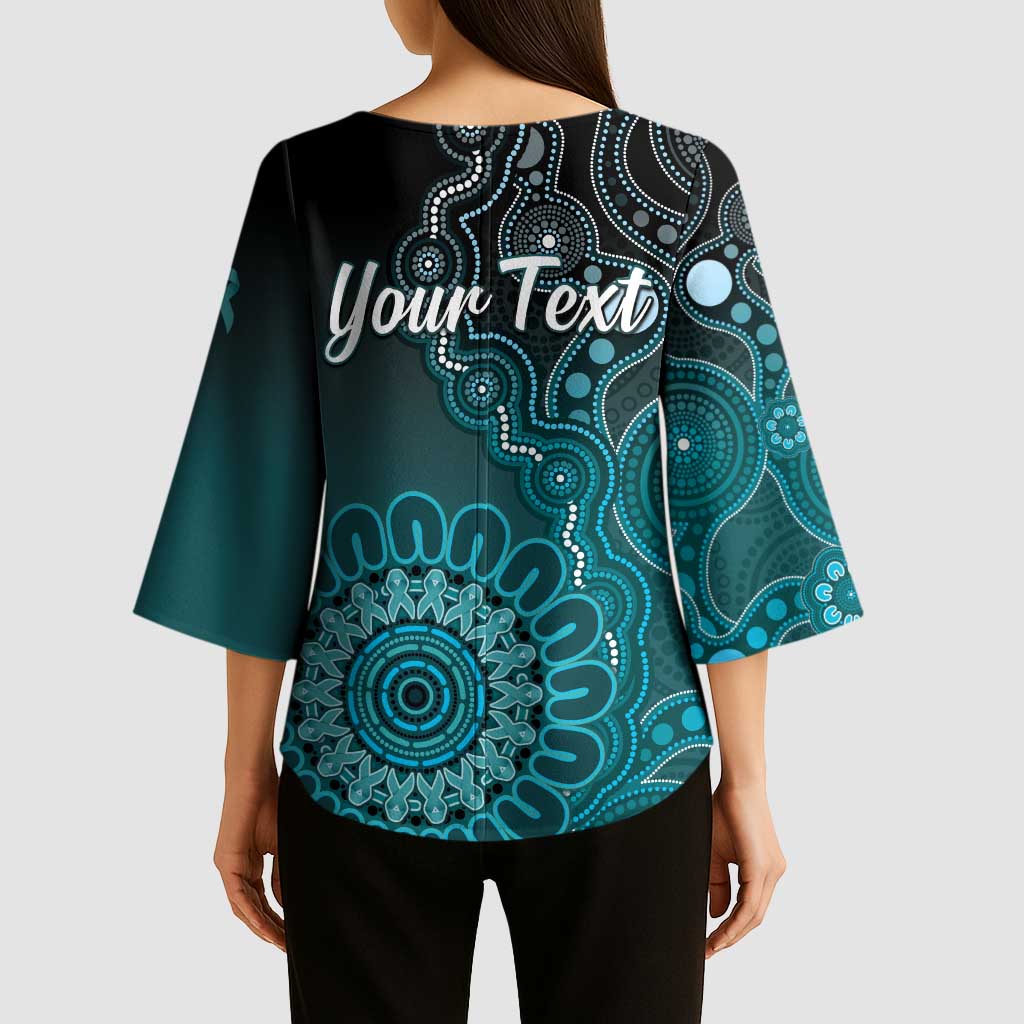 Personalised Ovarian Cancer Awareness Kimono Sleeve Blouse Teal Ribbon Aboriginal Art