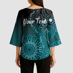 Personalised Ovarian Cancer Awareness Kimono Sleeve Blouse Teal Ribbon Aboriginal Art
