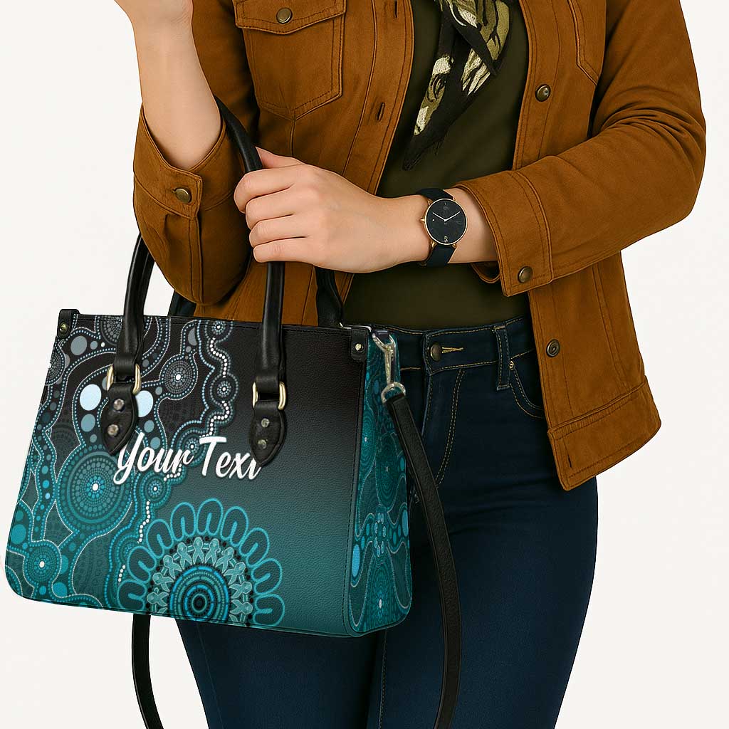 Personalised Ovarian Cancer Awareness Leather Bag Teal Ribbon Aboriginal Art