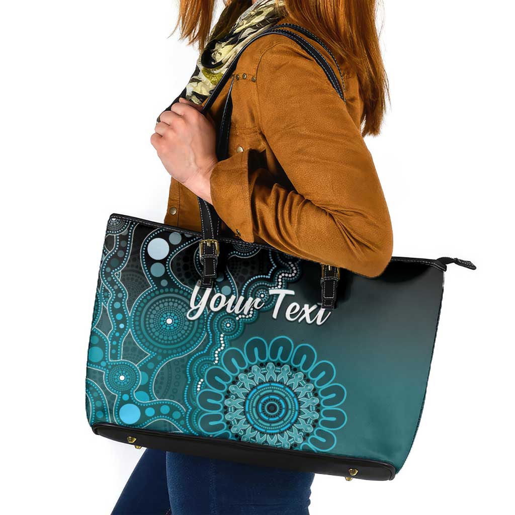 Personalised Ovarian Cancer Awareness Leather Tote Bag Teal Ribbon Aboriginal Art