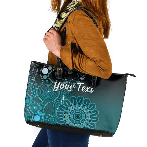 Personalised Ovarian Cancer Awareness Leather Tote Bag Teal Ribbon Aboriginal Art