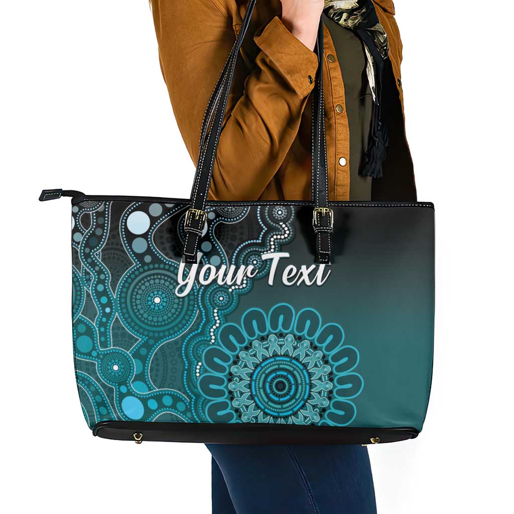 Personalised Ovarian Cancer Awareness Leather Tote Bag Teal Ribbon Aboriginal Art