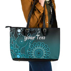 Personalised Ovarian Cancer Awareness Leather Tote Bag Teal Ribbon Aboriginal Art