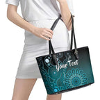 Personalised Ovarian Cancer Awareness Leather Tote Bag Teal Ribbon Aboriginal Art