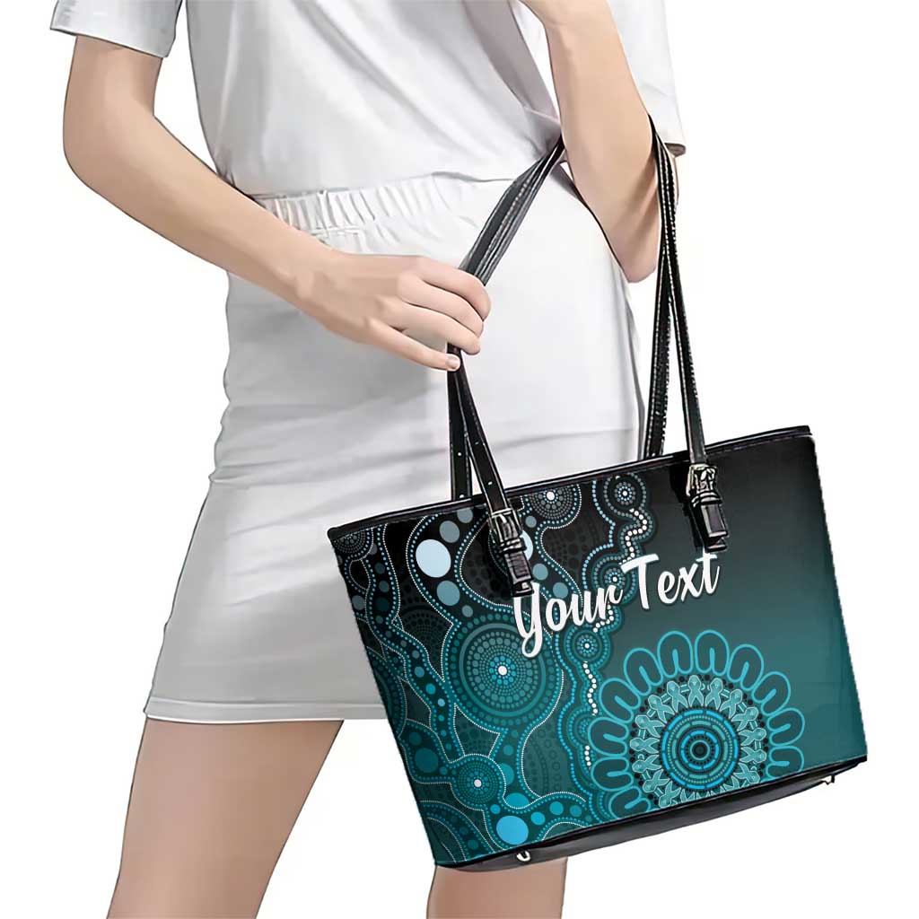 Personalised Ovarian Cancer Awareness Leather Tote Bag Teal Ribbon Aboriginal Art