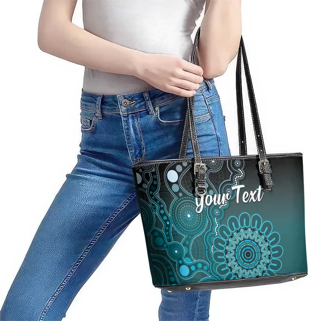 Personalised Ovarian Cancer Awareness Leather Tote Bag Teal Ribbon Aboriginal Art