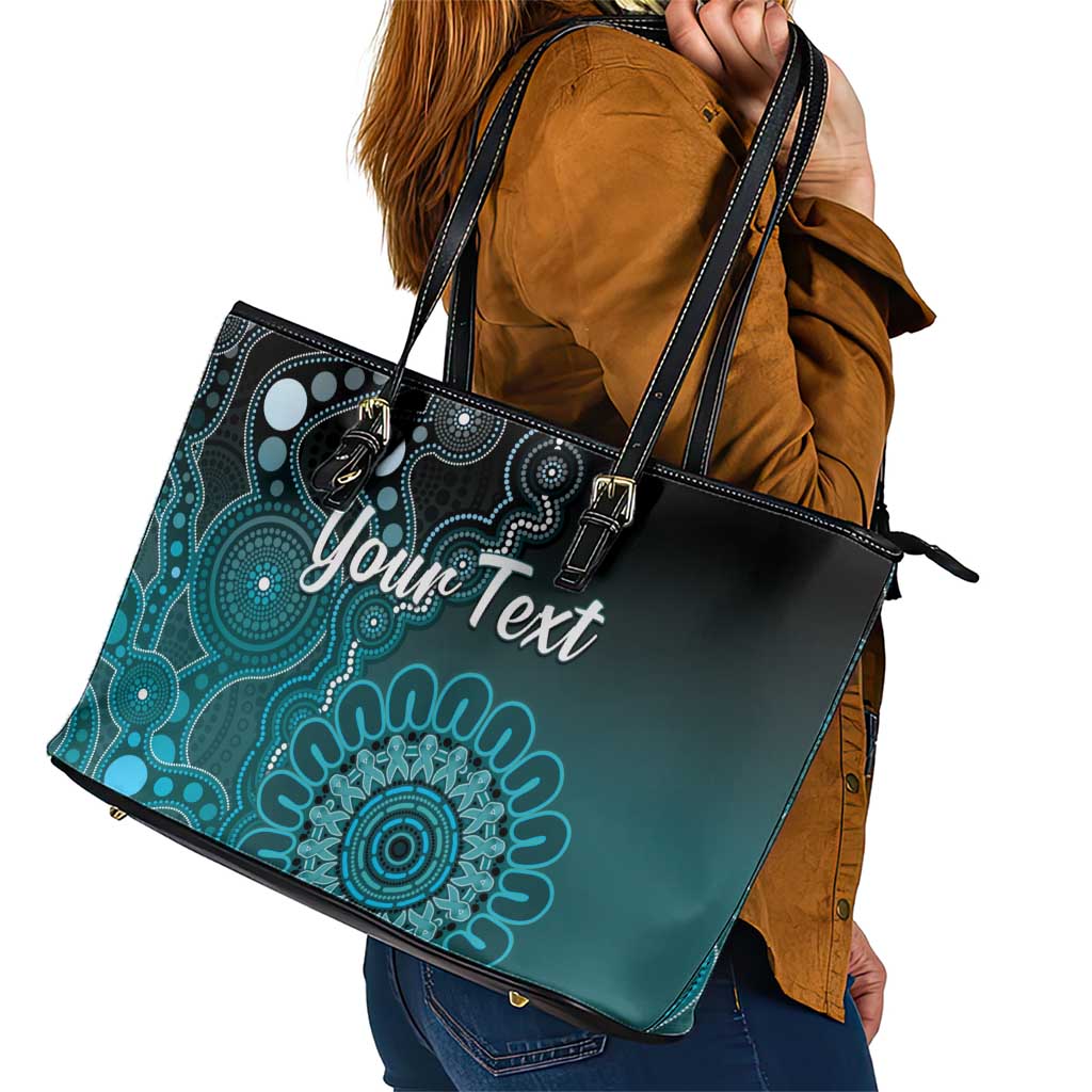 Personalised Ovarian Cancer Awareness Leather Tote Bag Teal Ribbon Aboriginal Art